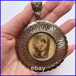 Beautiful Large Vintage Copper Amulet Icon Pendant Hand Painted Angel Baby Italy