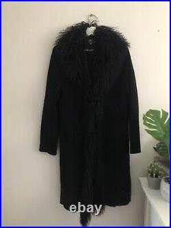 Black Genuine Suede Coat Jacket Real Mongolian Trim L Afghan PennyLane Simone