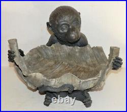 Ceramic Monkey Figurine Sitting Holding Banana Leaf Basket Bowl 13 x 10 x 10