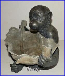 Ceramic Monkey Figurine Sitting Holding Banana Leaf Basket Bowl 13 x 10 x 10