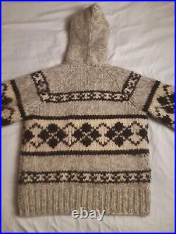 Cowichan Style Unique Hooded Sweater Vintage Geometric 100% Wool Unisex Grey EUC