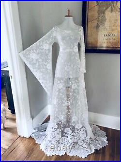 Custom BoHo Sheer CUT OUT Hippy Wedding Maxi DRESS Vtg 70s White Crochet Lace