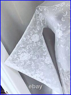 Custom BoHo Sheer CUT OUT Hippy Wedding Maxi DRESS Vtg 70s White Crochet Lace LG