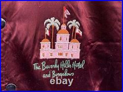 DISTRESSED! 1970s vtg BEVERLY HILLS HOTEL & BUNGALOWS SATIN JACKET M/L