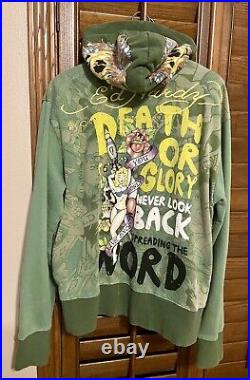 ED HARDY'DEATH OR GLORY NEVER LOOK BACK' Green Hoodie Sweatshirt Size Large