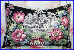 EX Large Antique COLONIAL SCENIC Pillow VINTAGE Roses BARKCLOTH Fabric