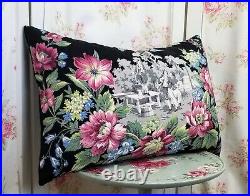 EX Large Antique COLONIAL SCENIC Pillow VINTAGE Roses BARKCLOTH Fabric