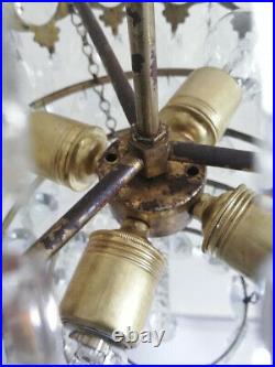 French Basket Style Vintage Brass & Crystals Chandelier Antique Lamp