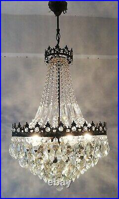 French Basket Style Vintage Brass & Crystals Chandelier Antique Lamp 208-3