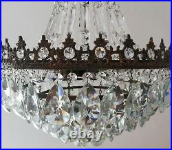 French Basket Style Vintage Brass & Crystals Chandelier Antique Lamp 208-3