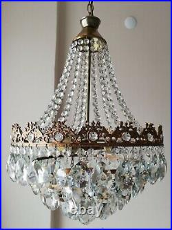 French Basket Style Vintage Brass & Crystals Chandelier Antique Lamp 213-05