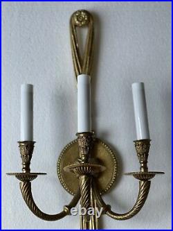 French Louis XVI Style Brass Wall Sconces Ribbon Knot Tassel Vintage Pair 25
