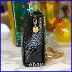 GIANNI VERSACE shoulder bag black croc embossed gold tone chain strap & Medusa