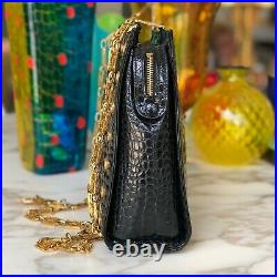 GIANNI VERSACE shoulder bag black croc embossed gold tone chain strap & Medusa
