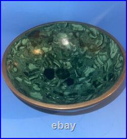 GREEN MALACHITE BOWL LARGE Antique WITH BRONZE Brass Trim 8 Authentic