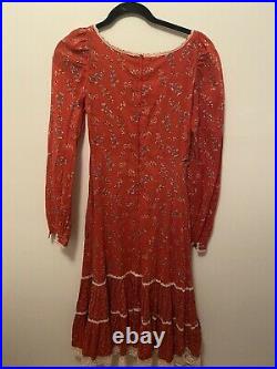 GUNNE SAX VTG 1970S Red Floral Print Lace Red Midi Prairie Lace Boho Dress L