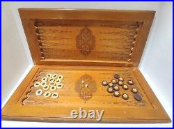 Gorgeous Antique Wood Art Handmade Large Wooden Backgammon Vintage Set Long 25