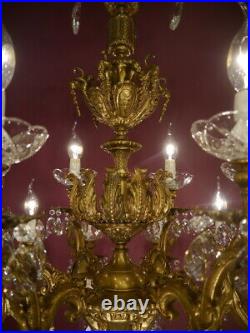 Huge 18 Light Crystal Chandelier Brass Vintage Lamp Cut Crystal Bowls Old Ø 32