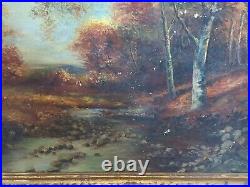 Huge Antique Forest River Scene Oil Painting Gold Framed M. Allister Vtg Rare