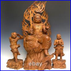 Japanese Vintage Fudo Myo-O and the Two Attendants Large Wooden Statue 31