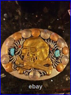 LARGE VTG Ster. Silver Turquoise Native American Hand Made Western Belt Buckle