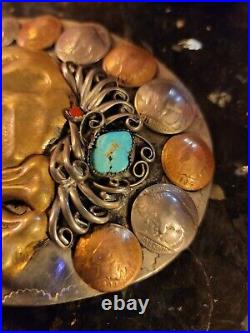 LARGE VTG Ster. Silver Turquoise Native American Hand Made Western Belt Buckle