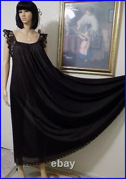 LUCIE ANN vintage Nylon EYELASH laced sleeves BLACK Nightgown size L large