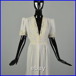 Large 1940s Dress Low Cut Tie Back Waist Crepe Bridal Wedding Gown Short Sleeve