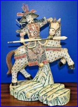 Large 21 Bone & Horn Statue Of Samurai On Horse Chinese Japanese Scrimshaw