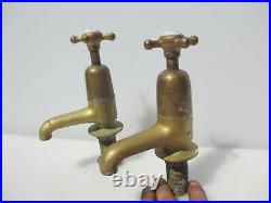 Large Antique Brass Taps Bath Porcelain Caps Victorian Vintage Old Sink Basin
