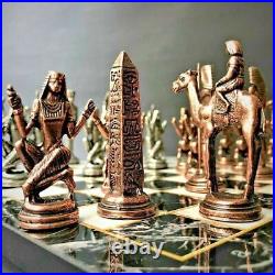 Large Antique Chess Set Vintage Pharaohs Chess Pieces Marble Wood Chess Board