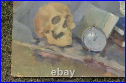 Large Antique Oil Painting Skull Vanitas MEMENTO MORI VICTORIAN realism art vtg