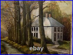 Large Antique Signed Oil Painting R. Mann Brown County Indiana House Framed VTG