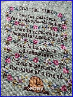 Large Antique Vintage Give Me Time Sampler Embroidery Woolwork Wool Needlepoint