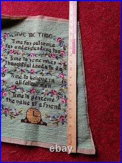 Large Antique Vintage Give Me Time Sampler Embroidery Woolwork Wool Needlepoint