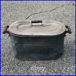 Large Antique Vintage Primitive Copper Boiler Wash Tub Wood Handles with Lid