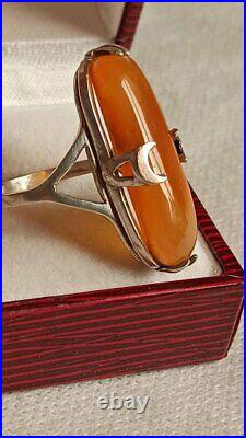 Large Antique Vintage Russian 925 Sterling Silver Amber Ring Women's Size 9.5
