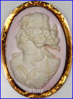 Large Antique Vintage Very Fine Coral Cameo Brooch 10k Gold