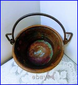 Large Antique Vtg Hammered Copper Pot, Bucket, Planter withForged Iron Handle