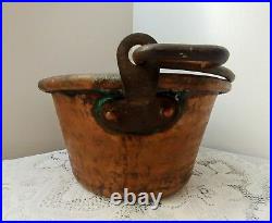 Large Antique Vtg Hammered Copper Pot, Bucket, Planter withForged Iron Handle