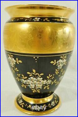 Large Antique/Vtg Osborne Limoges France Black Floral 24K Gold Gilt Flower Vase