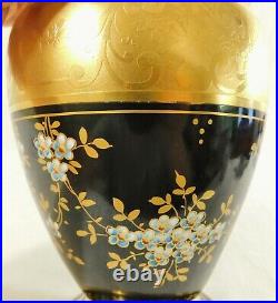 Large Antique/Vtg Osborne Limoges France Black Floral 24K Gold Gilt Flower Vase