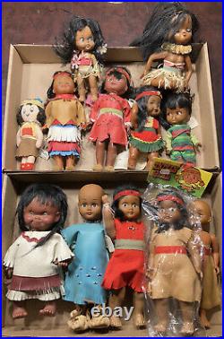 Large Lot Of 12 Vintage Native American Toy Dolls Antique Indian