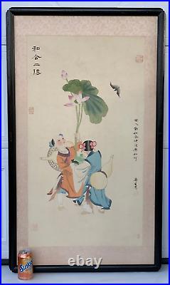 Large Signed Vintage / Antique Asian Painting Flower Botanist With Flying Bat