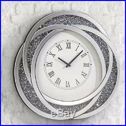 Large Silver Crushed Diamond Crystal Filled Clock Bling Stylist Modern Wall Hung