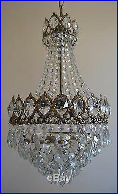 Large Size French Basket Style Vintage Brass & Crystals Chandelier Antique Lamp