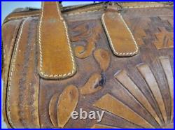 Large Vintage 1950's Hand Tooled Leather Travel Bag WithSouthwestern Native Scene