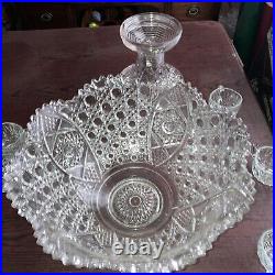 Large Vintage Crystal Punch Bowl Ornate Design withremovable stand & 14 Cups