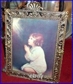 Large Vintage Italian Gold Gilded Metal Picture Frame Young Girl Praying