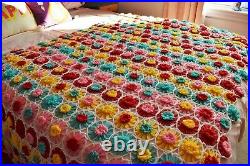 Large Vintage Kitsch Floral Granny Crochet Blanket Bedspread Flower Power